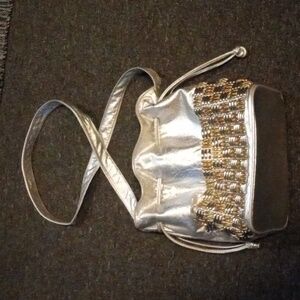 Vintage Silver Metallic, Genuine Leather Crossbody Bucket Bag -Great Condition
